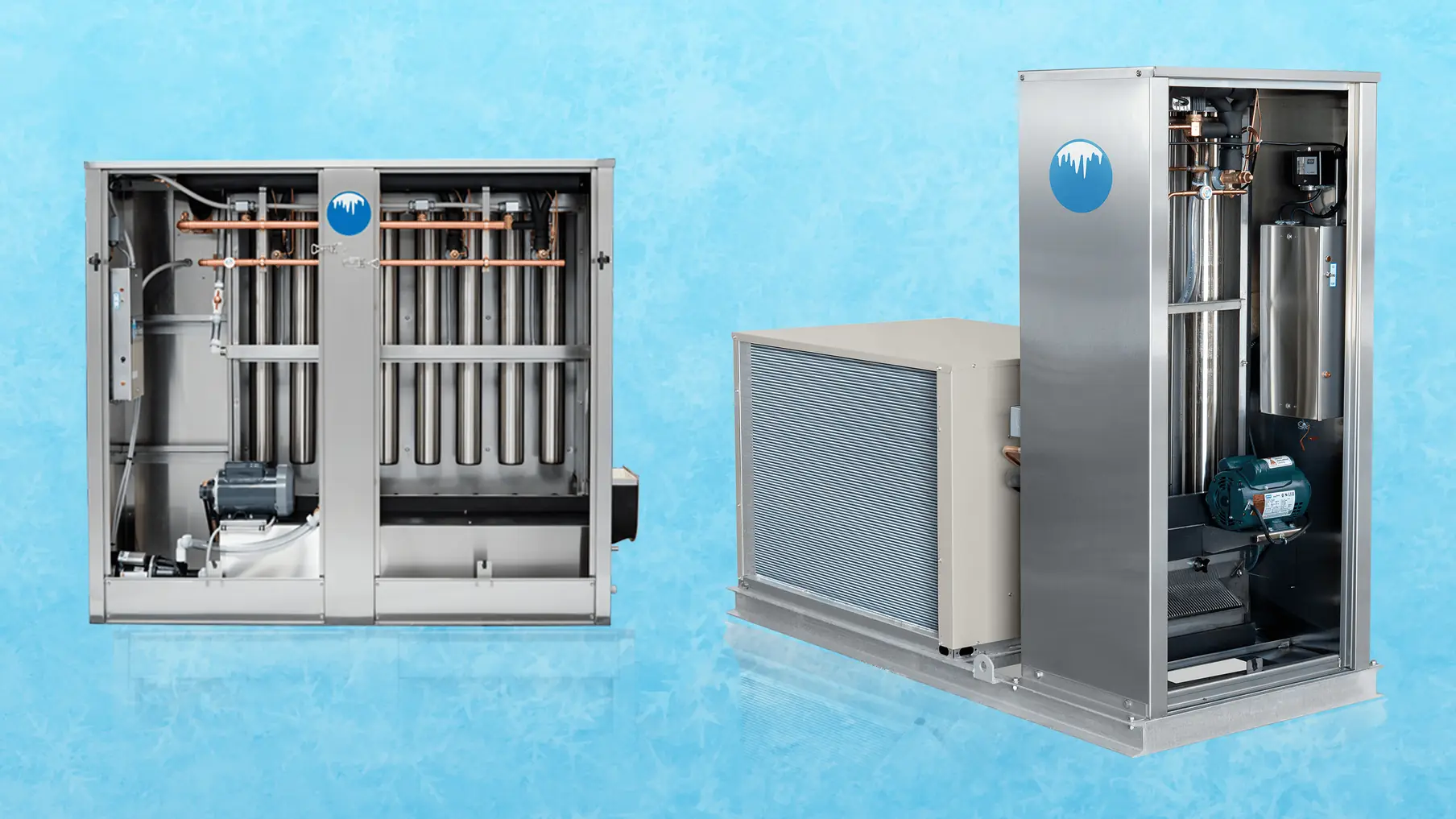 Two Arctic-Temp® ice machines with doors open, front view and angled view, on a light blue icy background