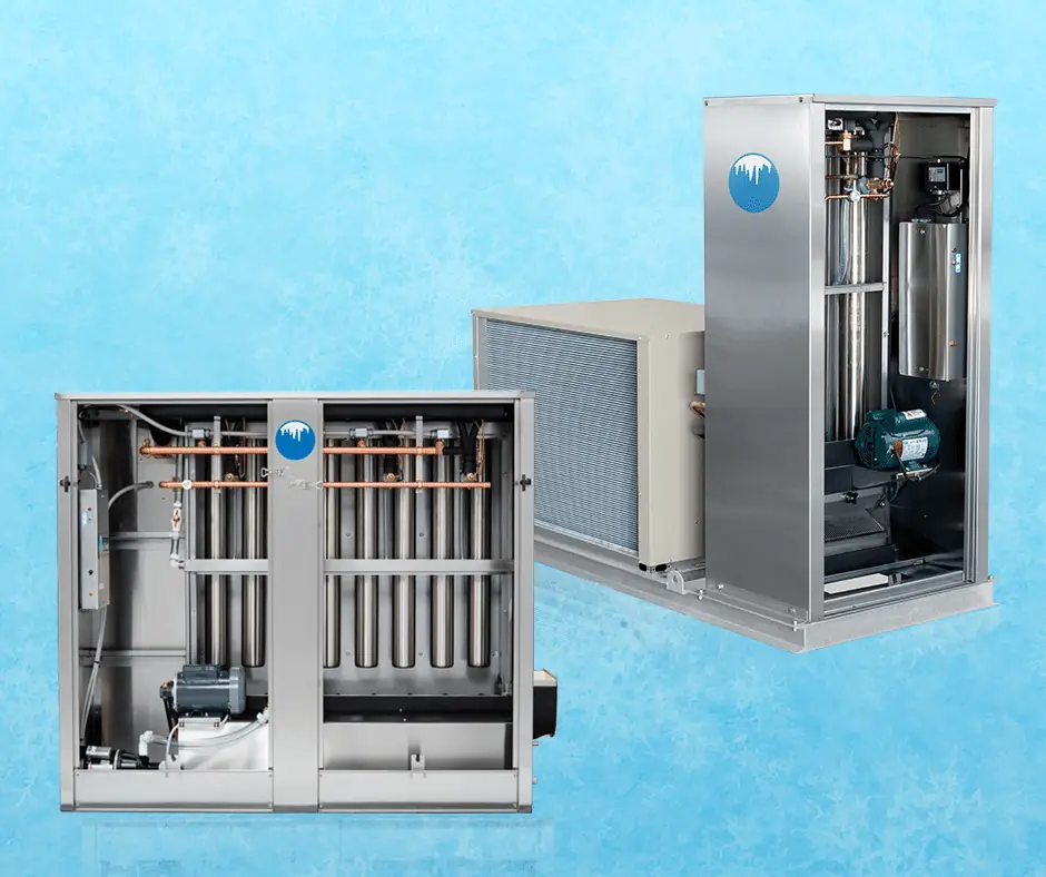 Two Arctic-Temp® ice machines with open panels against a pale blue icy background, one with a condenser unit