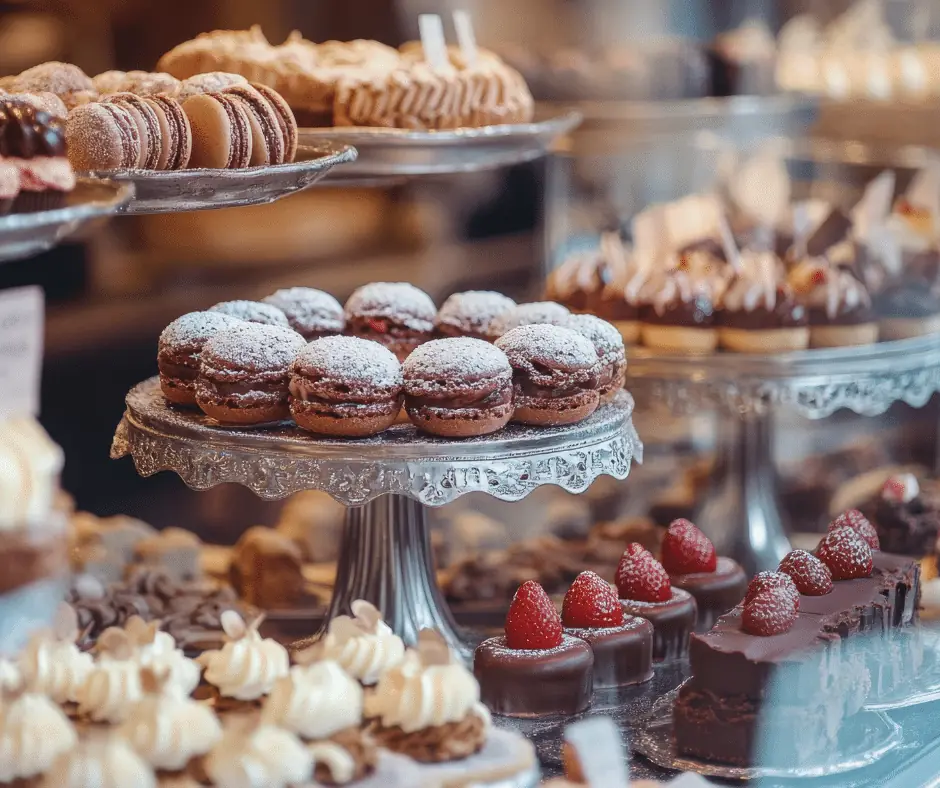 Bakery display case with powdered macarons on a cake stand, chocolate raspberry tarts and cream pastries