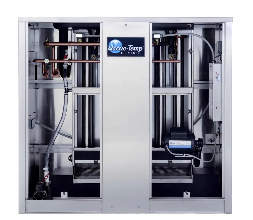 Arctic-Temp® ice machine with the front panel removed, showing copper piping, evaporator tubes and a pump motor