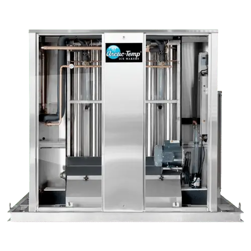 Arctic-Temp® 1000 AR-L and 1000 SM-L ice machine, front view with doors open showing two banks of evaporator tubes