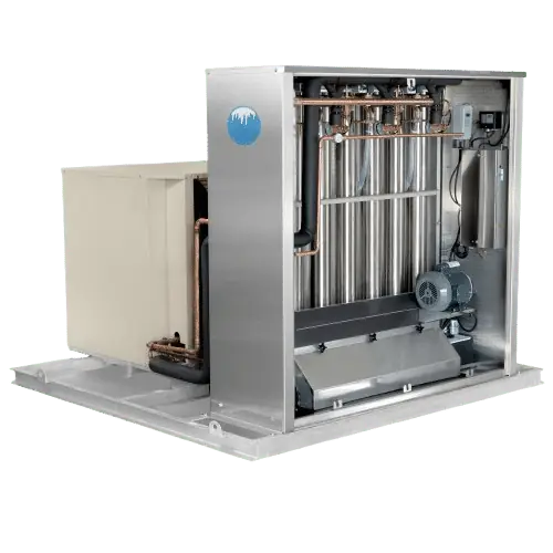 Arctic-Temp® 1000AR-L ice machine with side panel open, showing evaporator tubes and motor beside the condensing unit