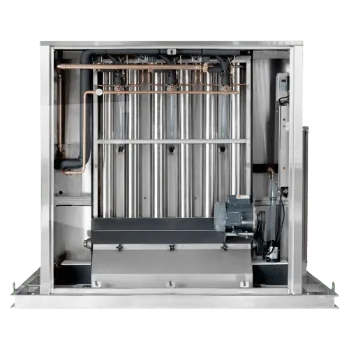 Arctic-Temp® 1000 AR-L and 1000 SM-L ice machine, front view with panels open showing evaporator tubes and motor