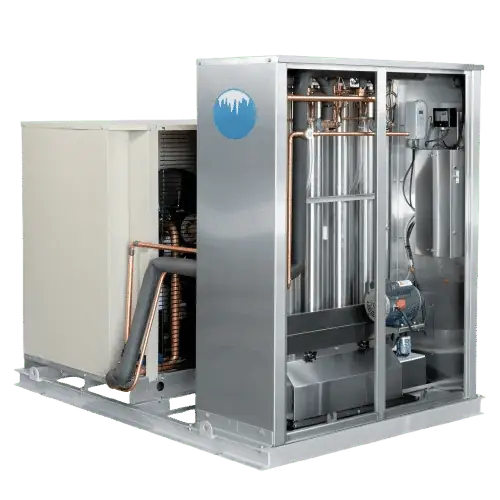 Arctic-Temp® 750 AR-L and 750 SM-L ice machine on a steel skid, evaporator cabinet open beside a tan condensing unit