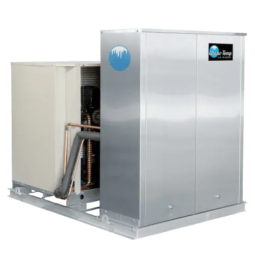 Arctic-Temp® 750SM-L ice machine with stainless steel side panels closed, condensing unit at left