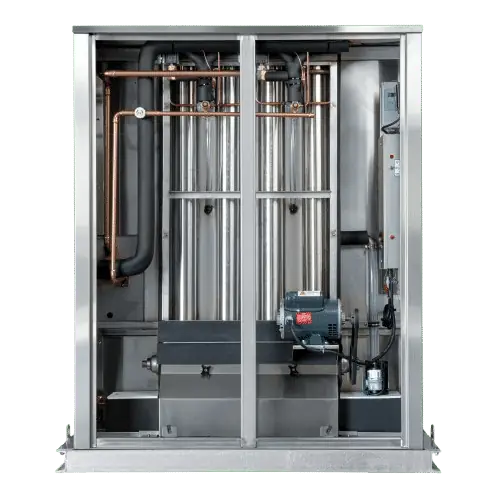 Arctic-Temp® 750 AR-L ice machine open at the front, showing stainless evaporator tubes, copper lines and motor