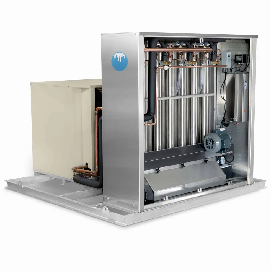 Arctic-Temp® 1000 AR-L and 1000 SM-L ice machine on a steel skid, evaporator cabinet open beside a tan condensing unit