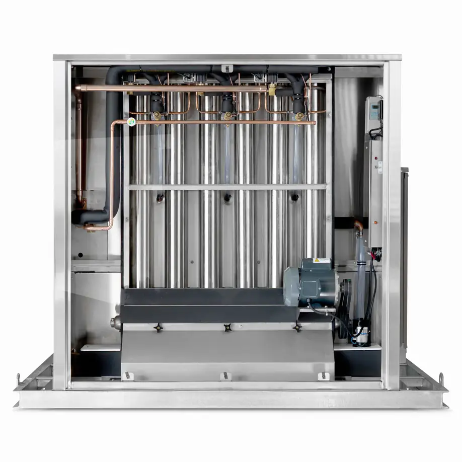 Arctic-Temp® 1000AR-L ice machine front view with doors open, showing evaporator tubes, copper piping and motor