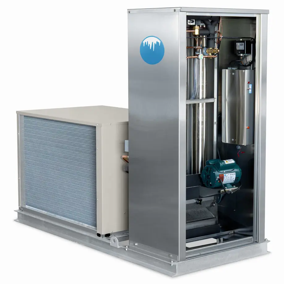 Arctic-Temp® 500 AR-L ice machine with open service panel and air-cooled condenser unit on a steel base