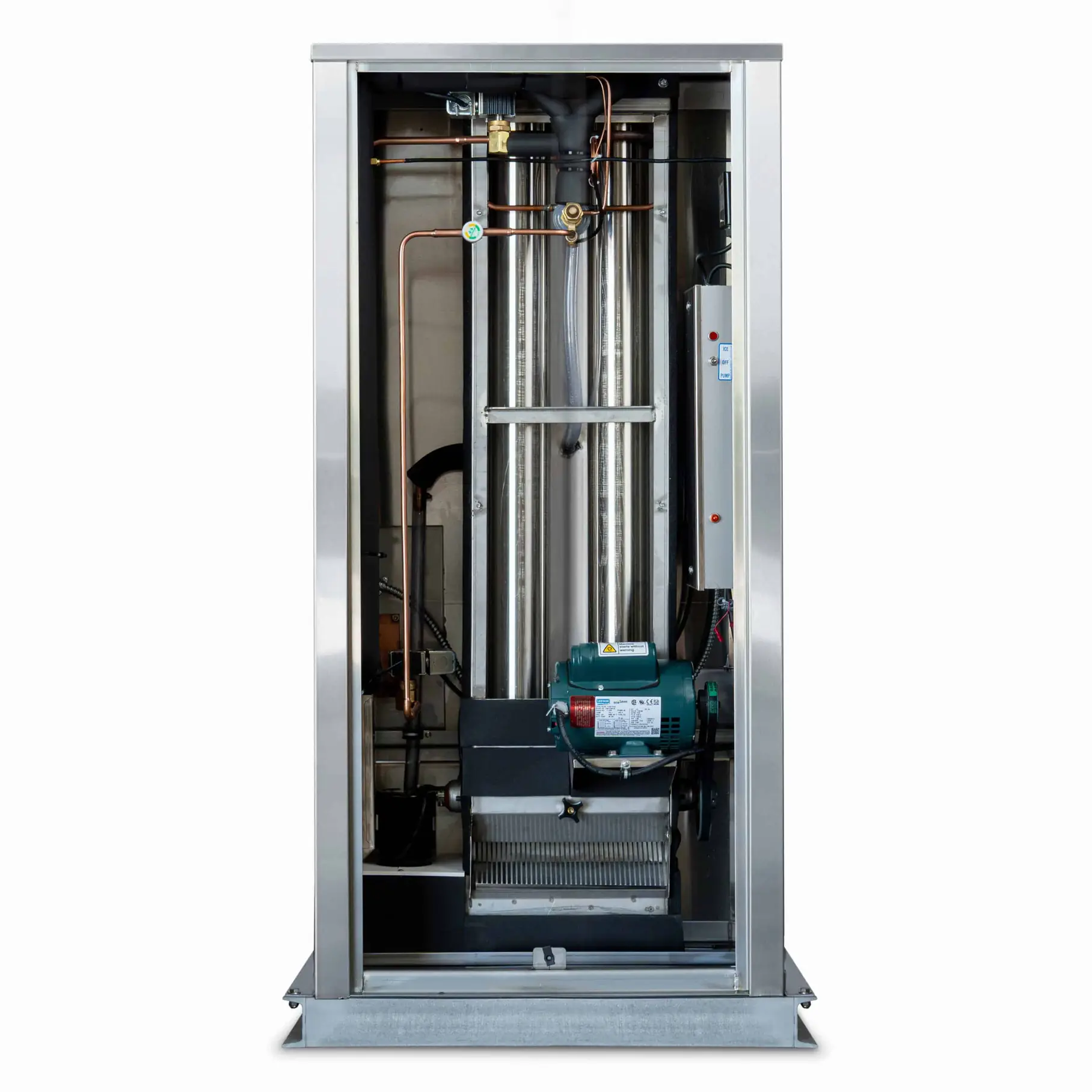 Arctic-Temp® 500 AR-L and 500 SM-L ice machine, upright stainless cabinet open to show evaporator tubes and motor