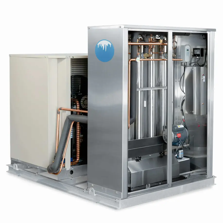 Arctic-Temp® 750AR-L ice machine with doors open beside its condensing unit, showing evaporator tubes and copper lines