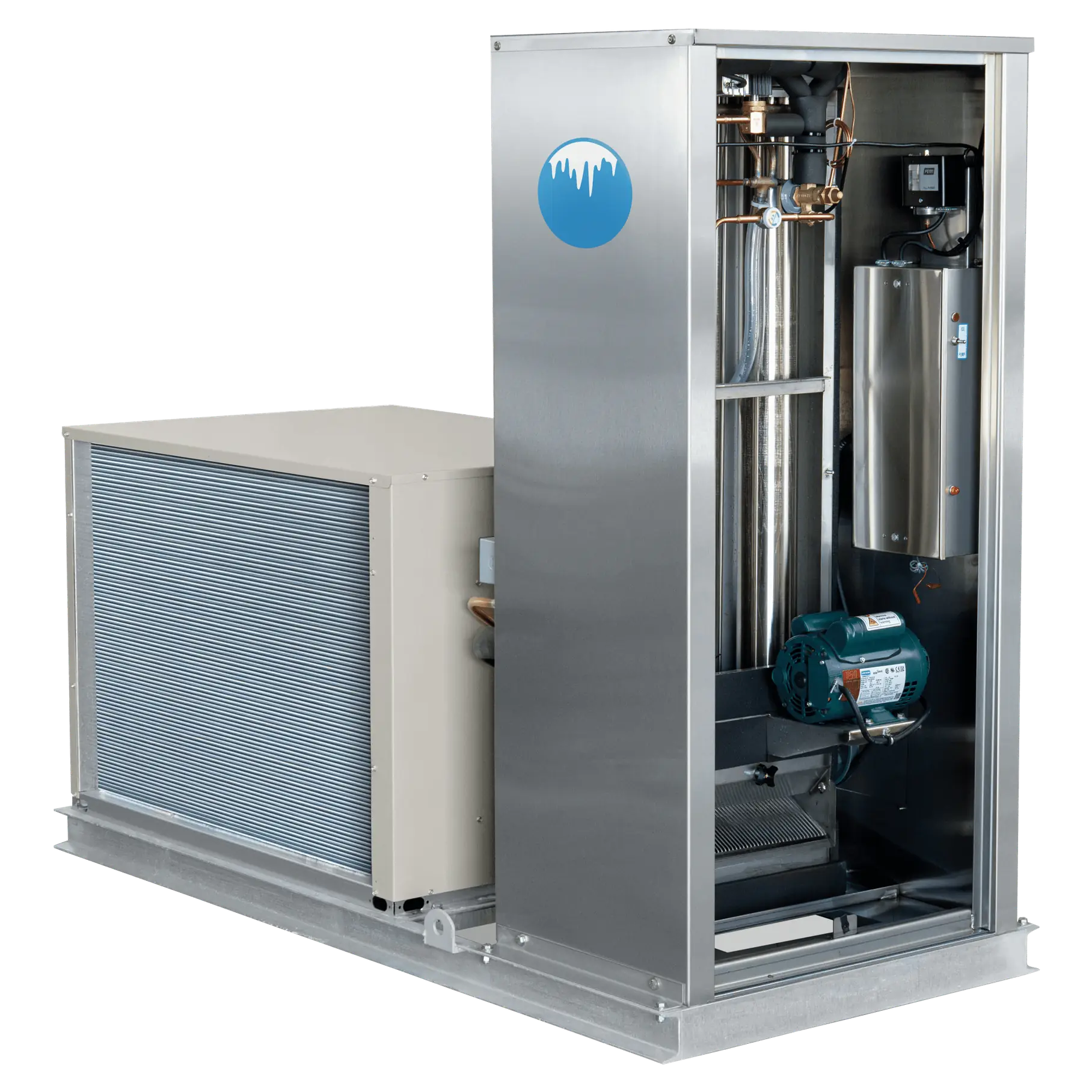 Arctic-Temp® 500SM-L ice machine with cabinet open, showing evaporator tube, motor and water tank next to its condenser coil