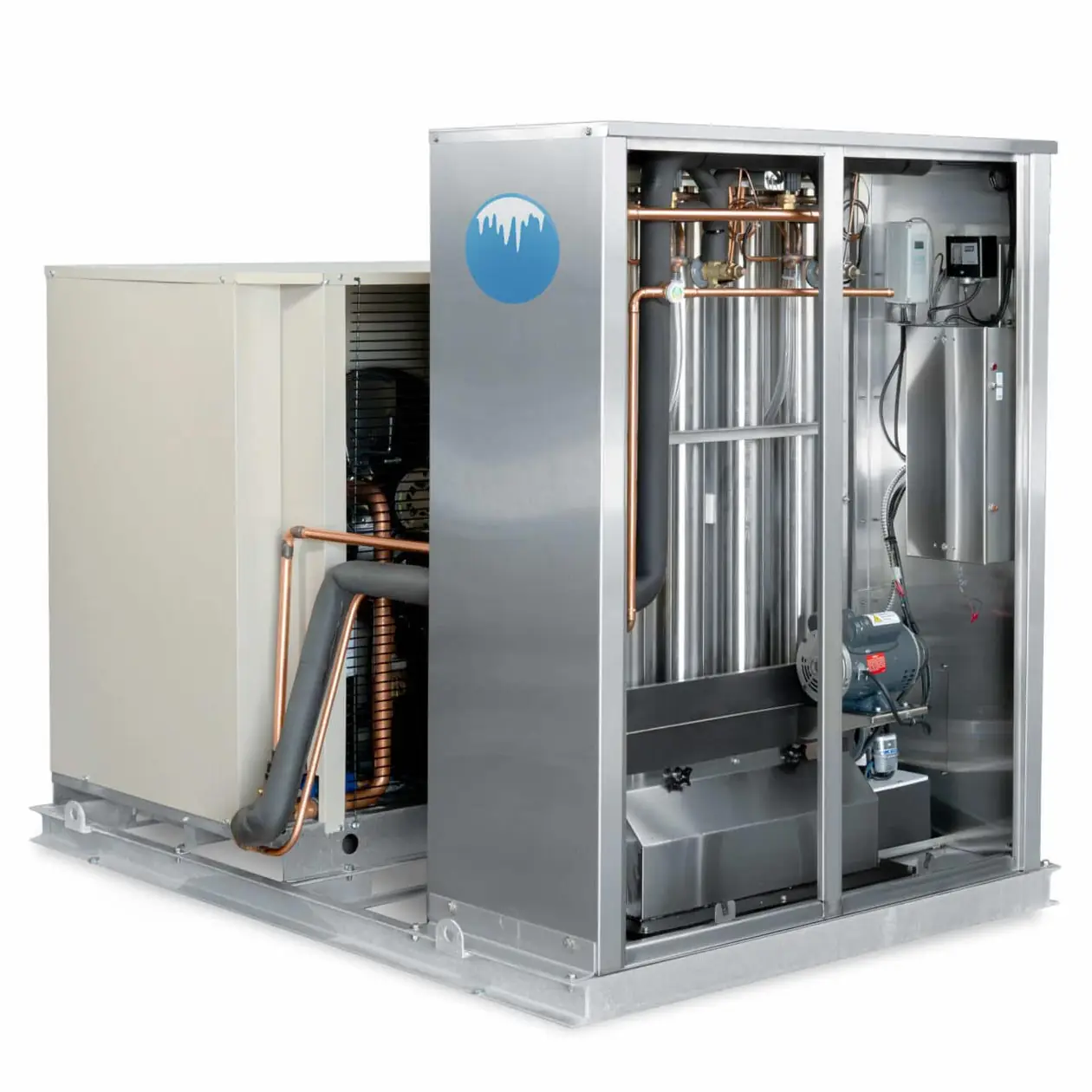 Arctic-Temp® ice machine with open panel and air-cooled condenser unit on a galvanized base