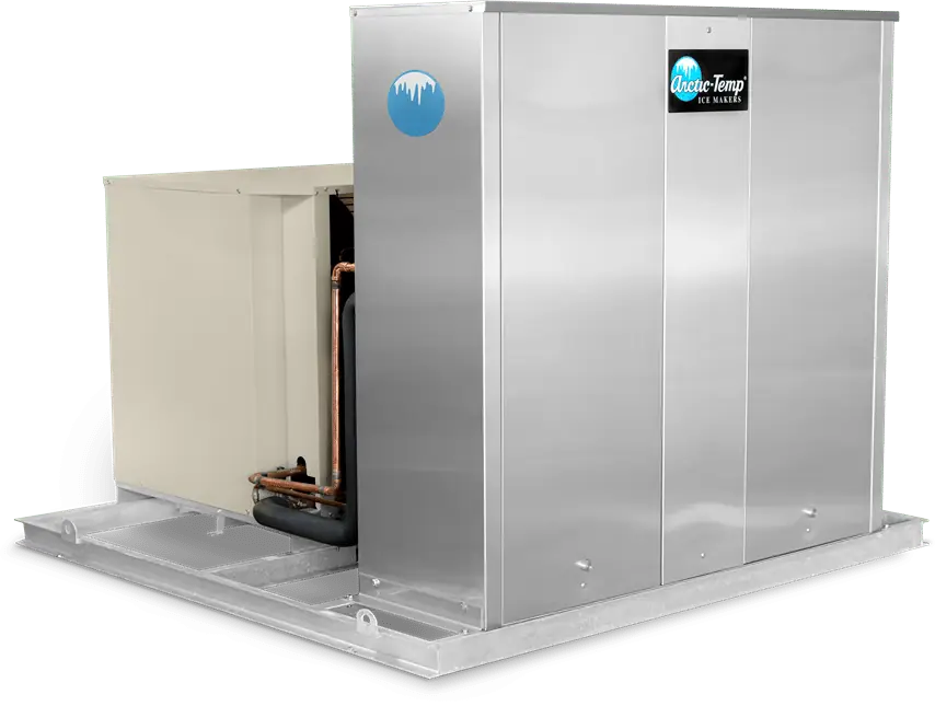 Arctic-Temp® ice machine with doors open showing evaporator tubes and motor, beside its condensing unit