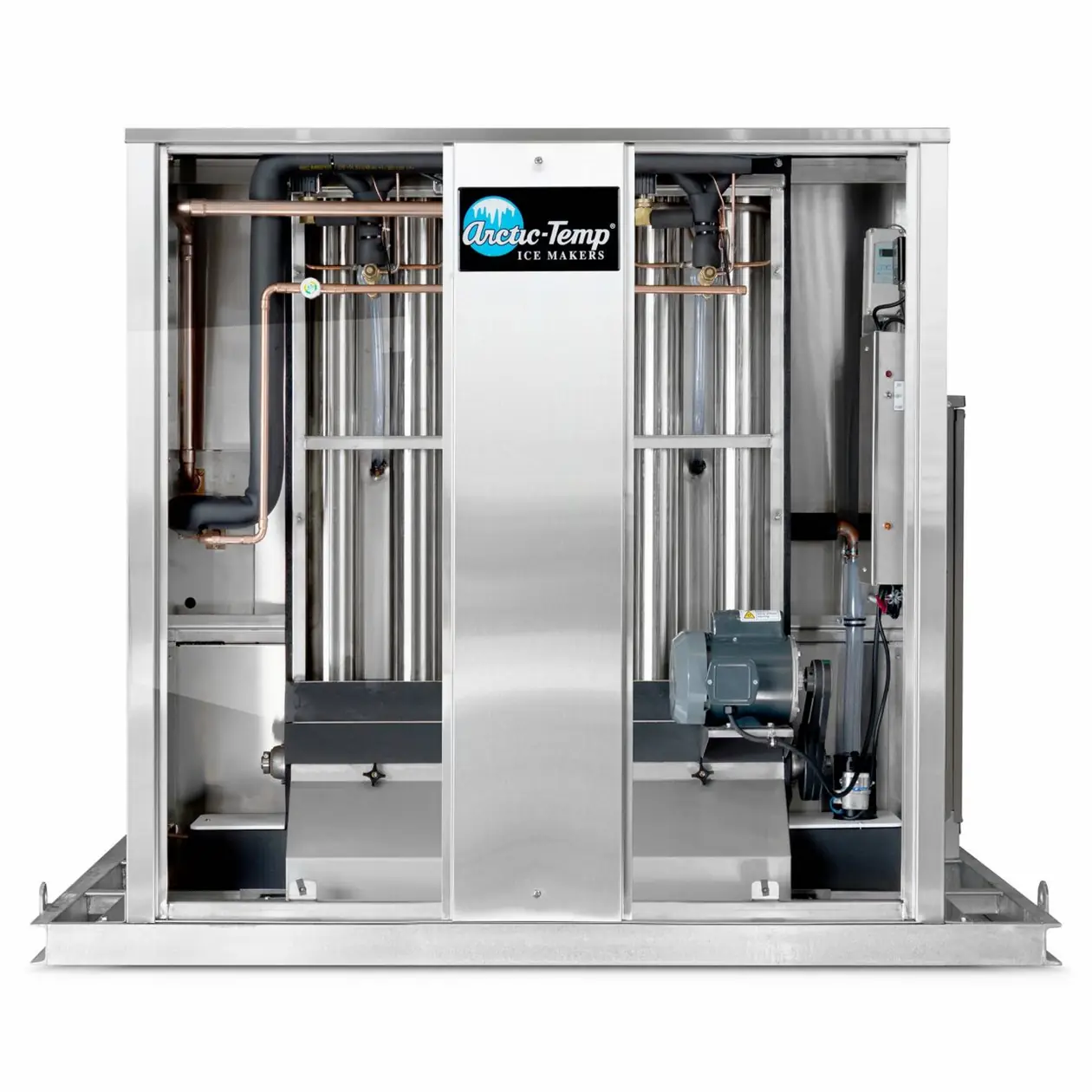 Arctic-Temp® ice machine front view with doors open showing banks of evaporator tubes and a drive motor on a steel base