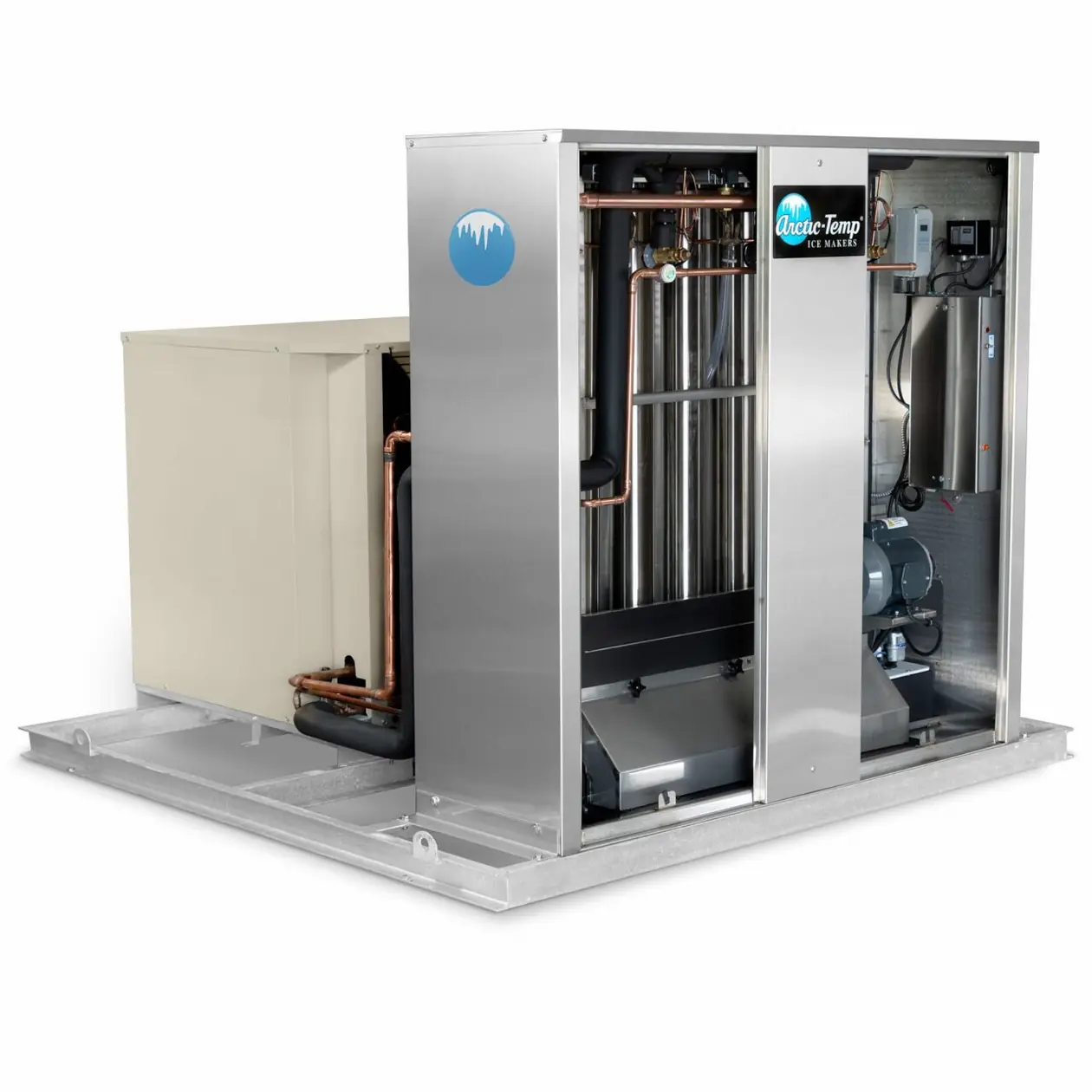 Arctic-Temp® condensing unit with two fans, compressors and copper piping, front panel open