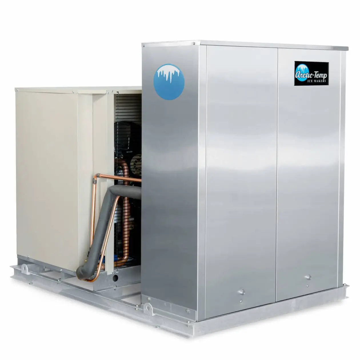 Arctic-Temp® ice machine with two stainless steel doors closed, condensing unit at left
