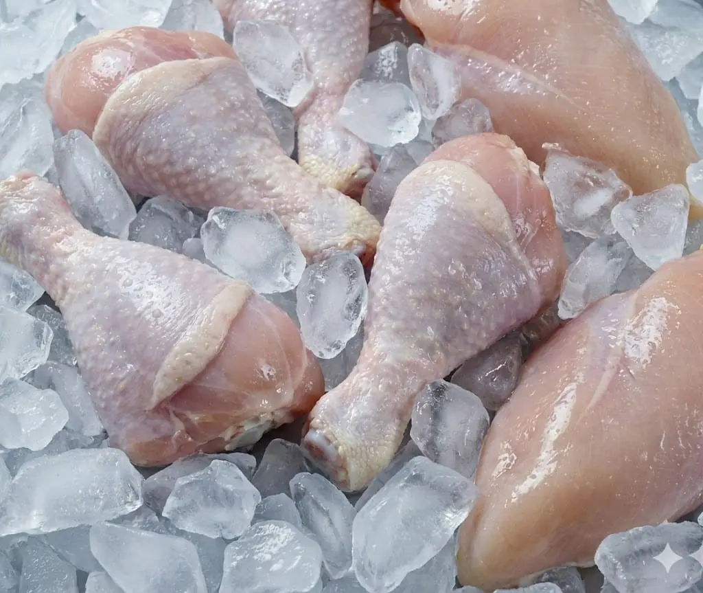 Raw chicken drumsticks and breasts packed in chunks of cracked ice