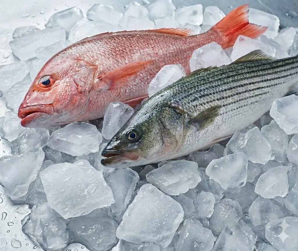 Red snapper and striped bass lying on a bed of cracked ice chunks