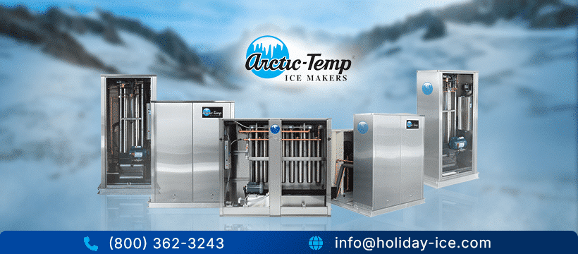 Industrial ice makers by Arctic-Temp, showcasing various models in a professional setting, emphasizing efficiency and reliability for large-scale ice production.