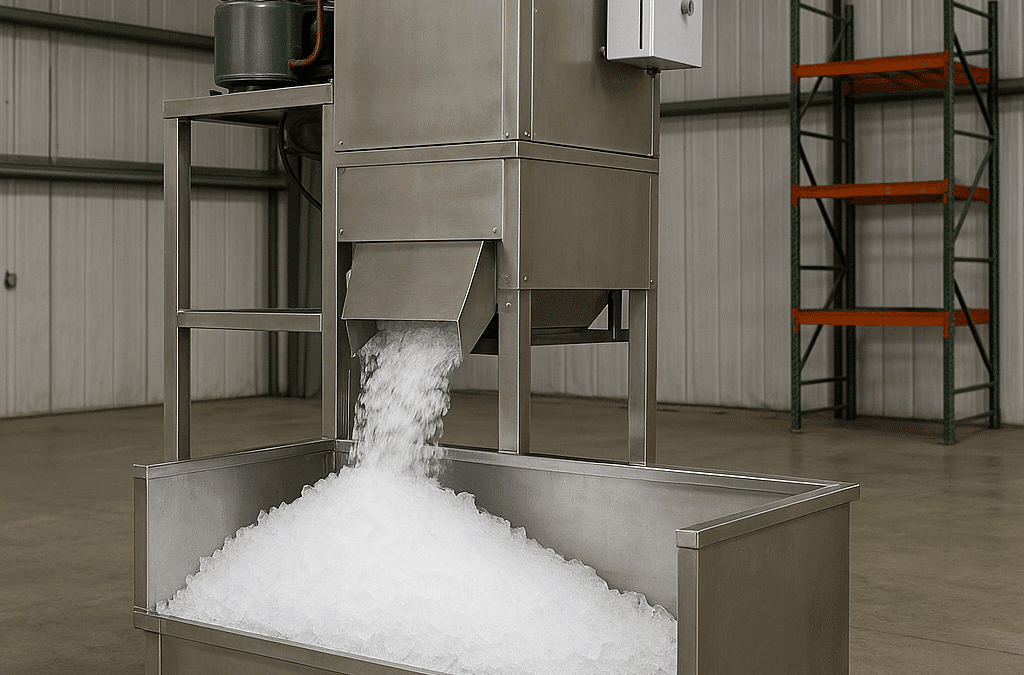 Industrial ice machine producing flaked ice in a stainless steel bin, essential for high-demand industries like food processing and construction.