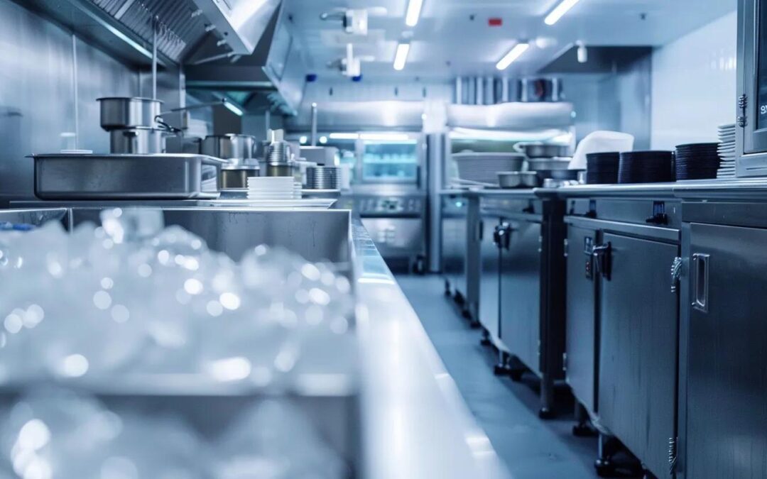 Modern commercial kitchen with stainless steel countertops, ice bins, and organized cooking equipment, illustrating the importance of efficient ice management for businesses like seafood processing and distribution.