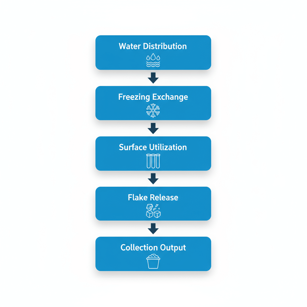 Process flow diagram illustrating the five stages of vertical tube evaporator operation in industrial ice machines