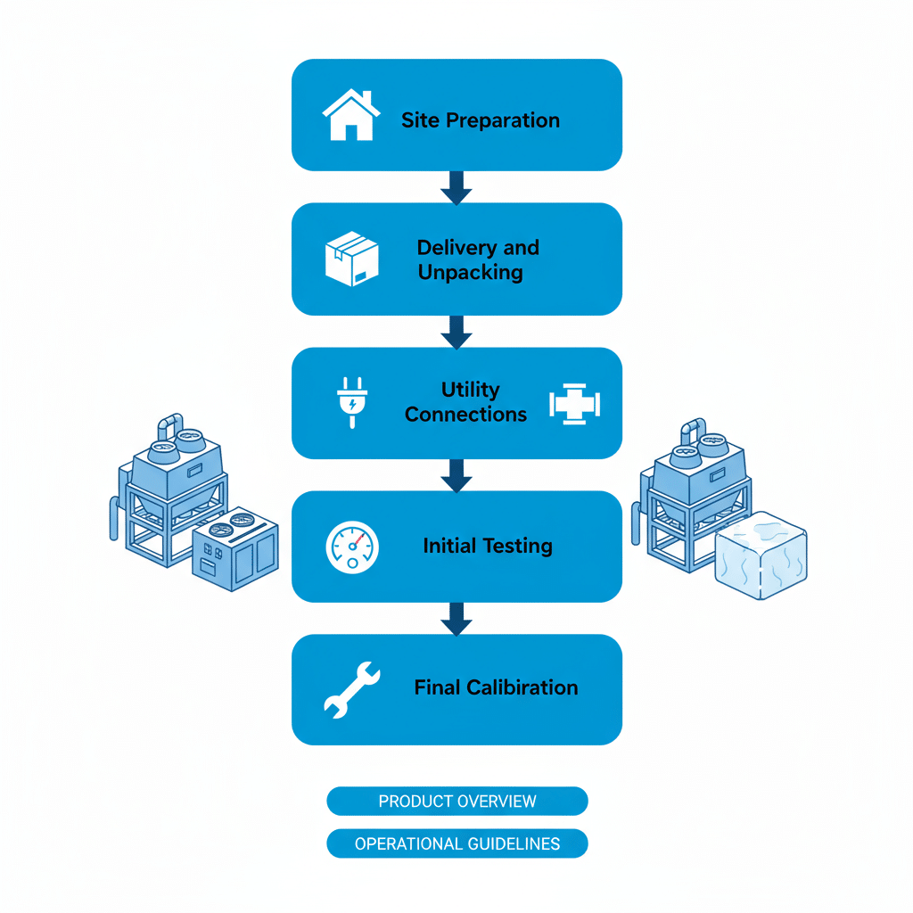 Vertical process flow diagram illustrating the installation stages of a 5 ton industrial ice machine