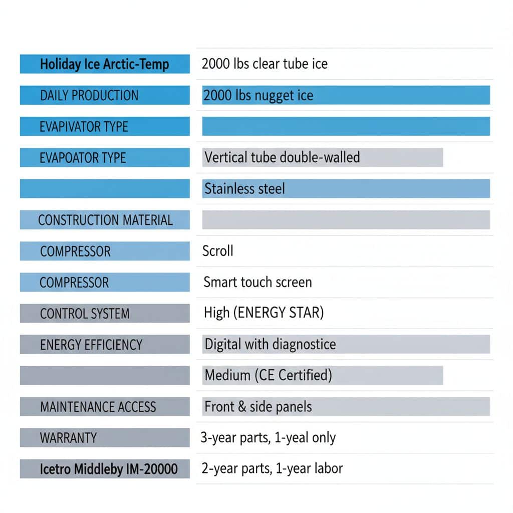 Horizontal bar chart comparing essential features of 2000 lbs industrial ice machines between Holiday Ice and Icetro brands
