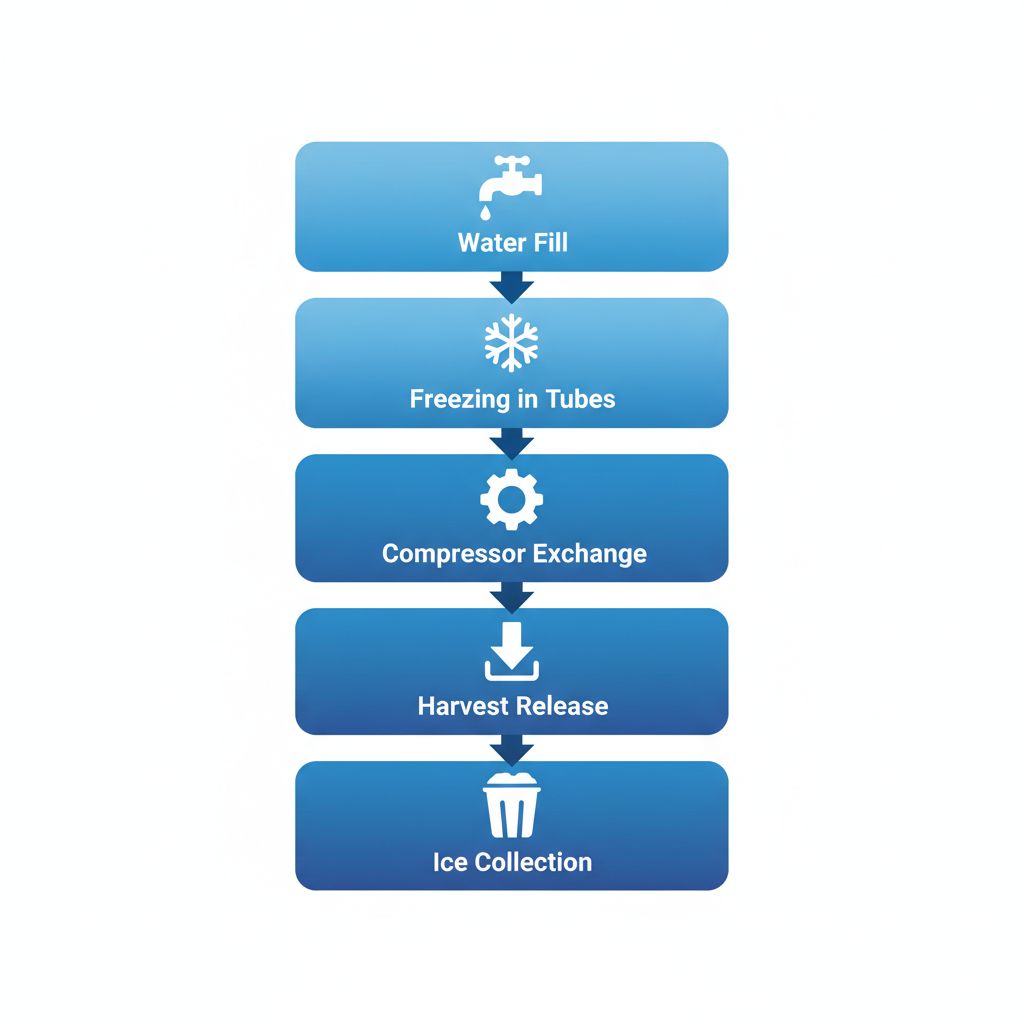 Vertical diagram of five stages in industrial ice production cycle using vertical tube technology