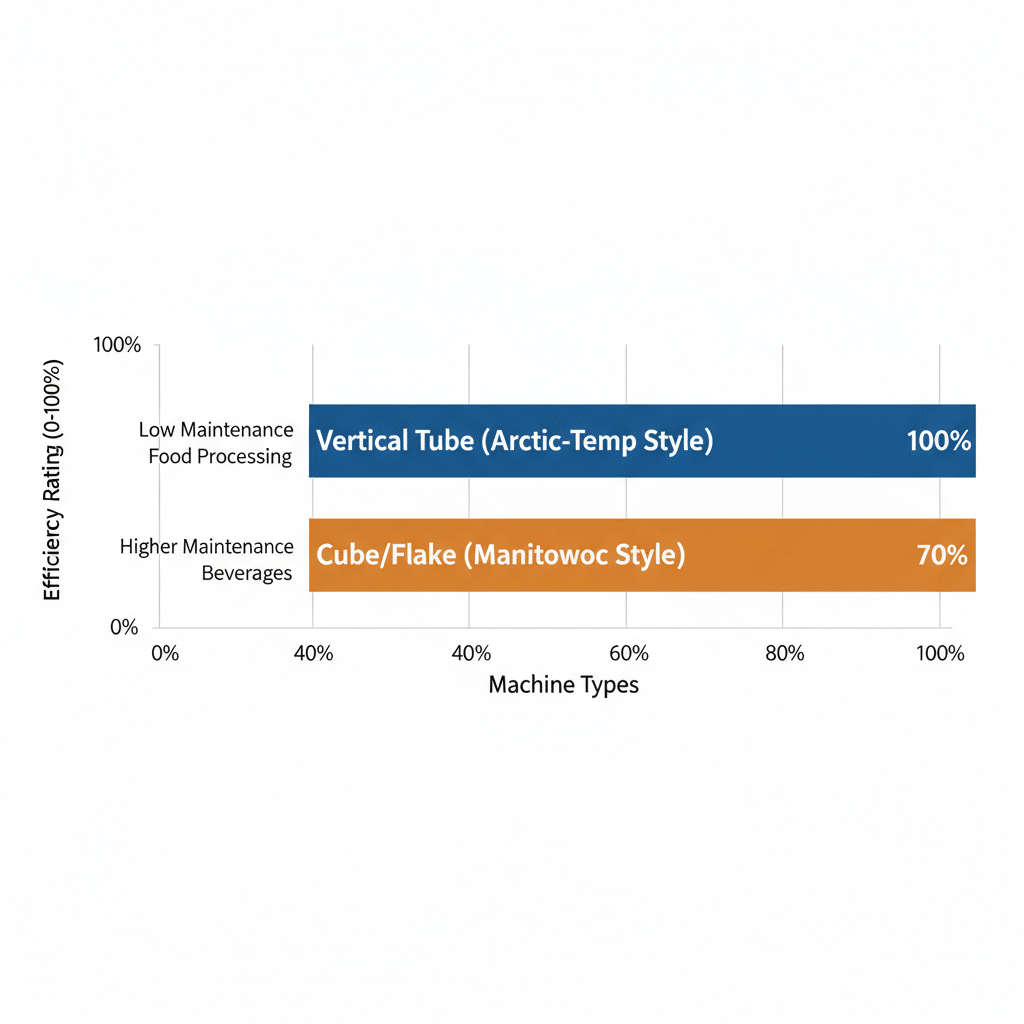 Horizontal bar chart comparing efficiency ratings and features of vertical tube versus cube/flake industrial ice machines