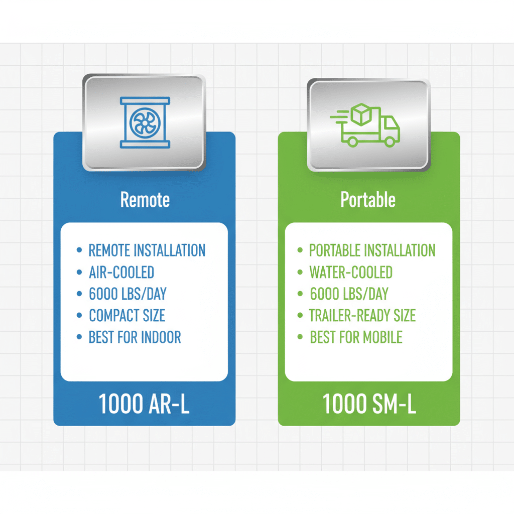 Infographic comparing features of 1000 AR-L and 1000 SM-L 3 ton industrial ice machines