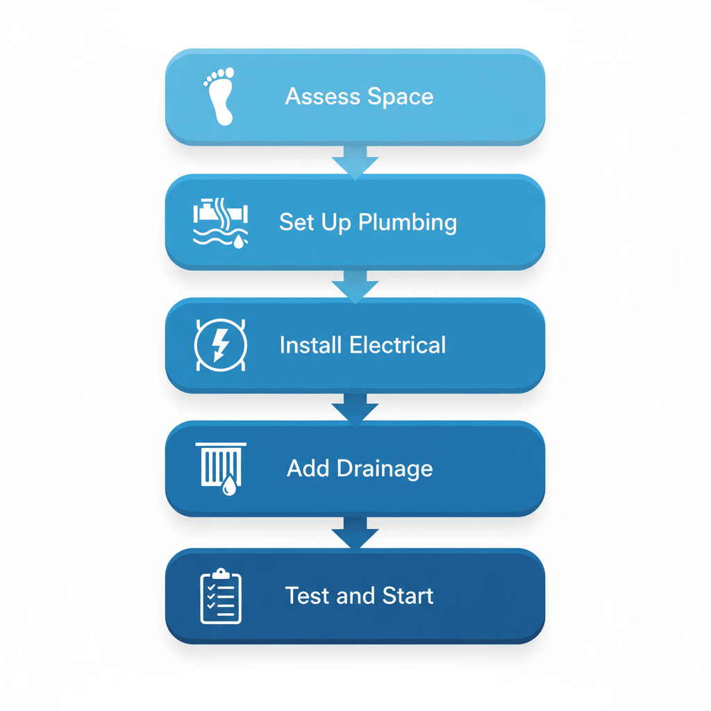 Vertical process flow diagram showing installation stages for industrial ice machines: assessing space, plumbing setup, electrical installation, drainage addition, and testing.
