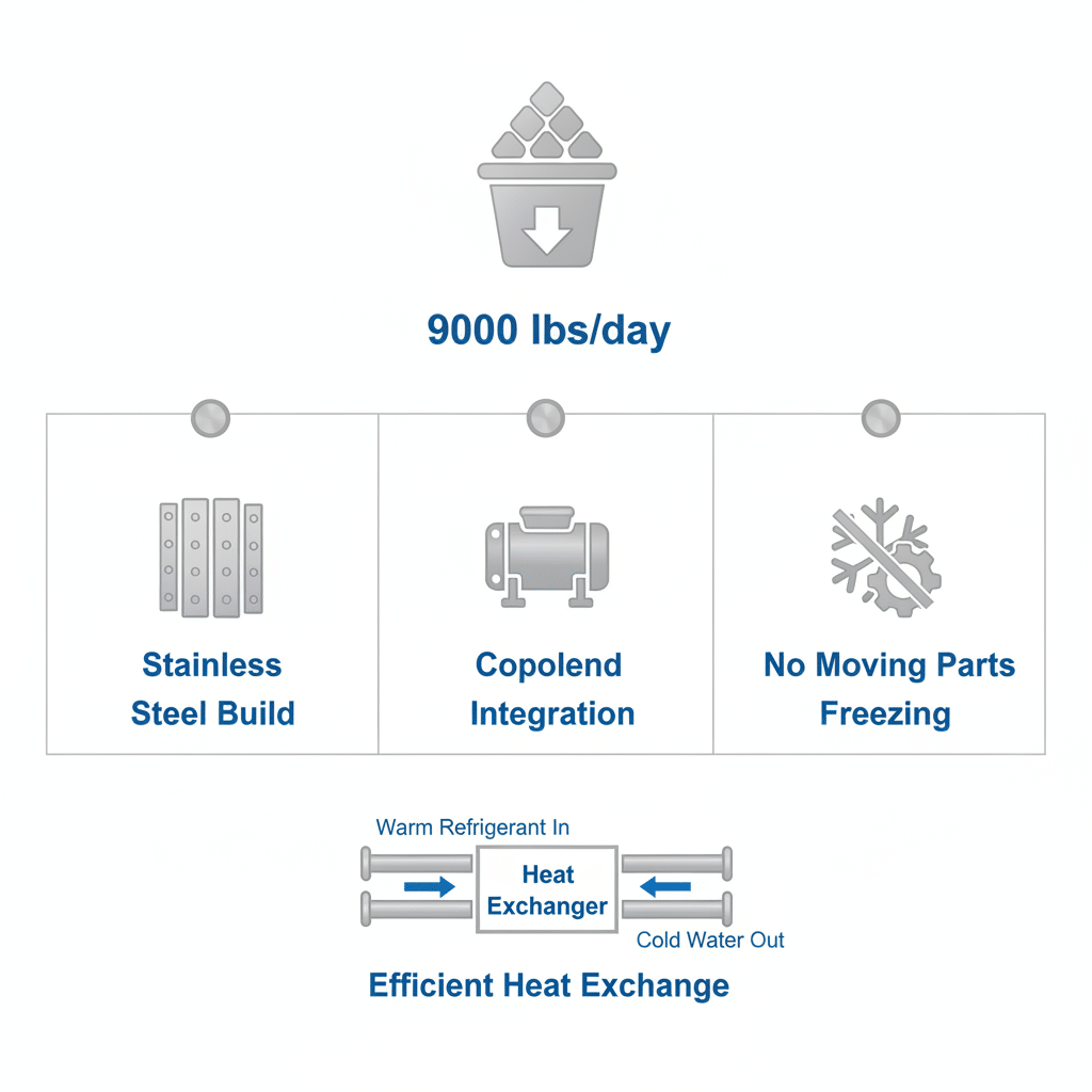 Infographic showing key features of Arctic-Temp 9000 lbs per day industrial ice machine including vertical tube technology, stainless steel build, Copeland compressor, no moving parts, and heat exchange efficiency