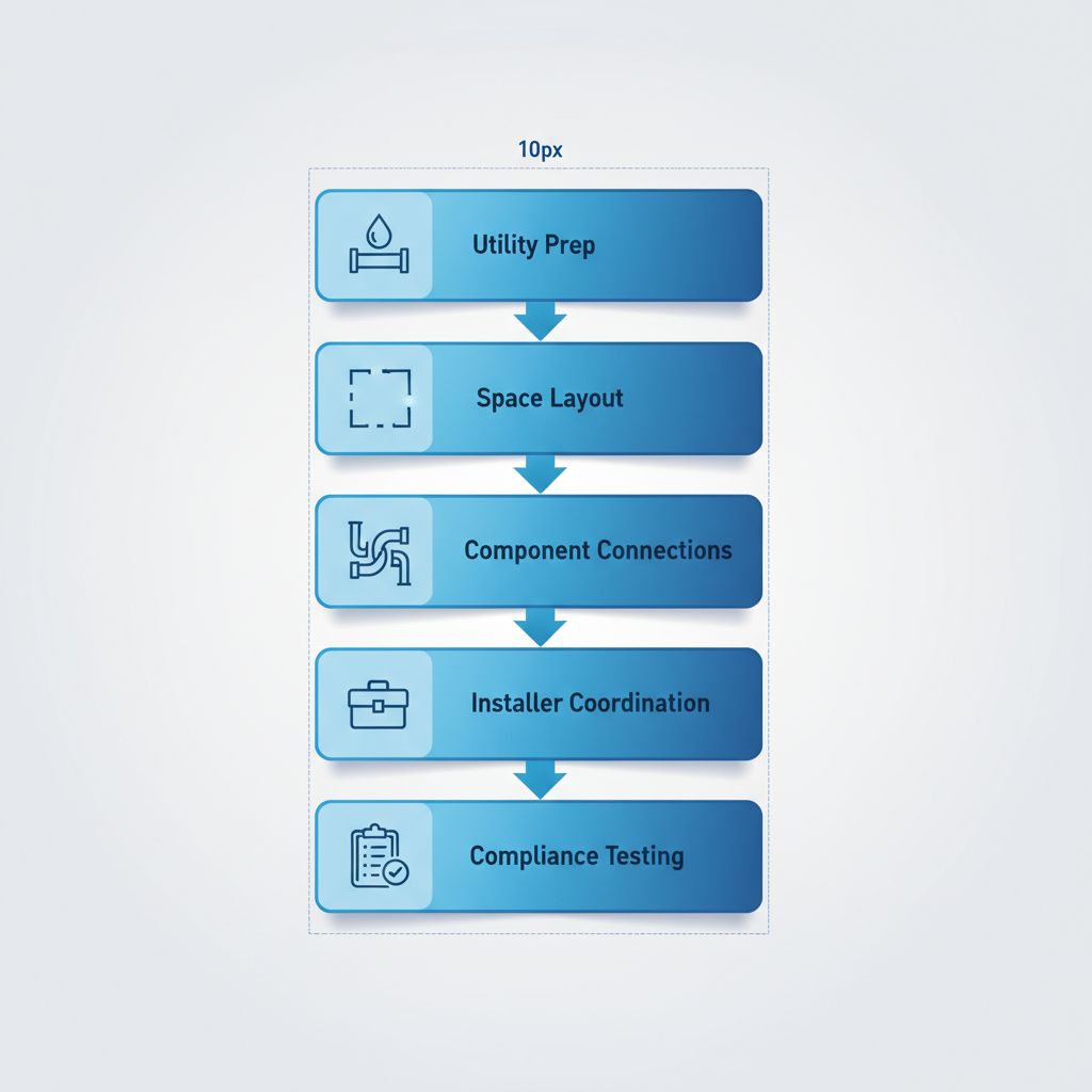 Vertical process flow diagram illustrating five key stages for planning and installing an industrial vertical tube ice machine, including utility preparation, space assessment, connections, coordination, and testing.