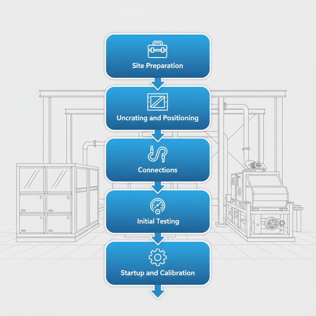 Vertical process flow diagram illustrating the five key installation steps for a high-volume industrial ice machine.