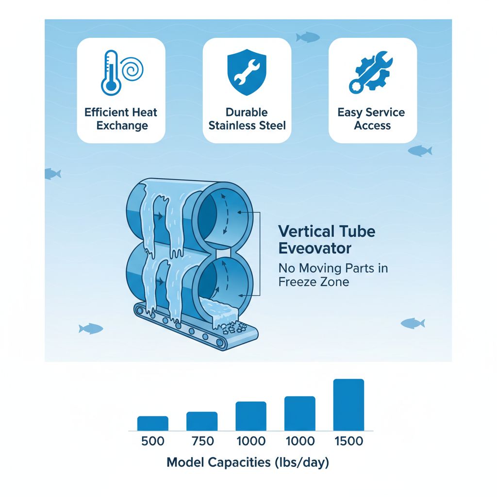 Infographic overview of industrial ice machines for seafood processing featuring benefits, evaporator system, and capacity graph