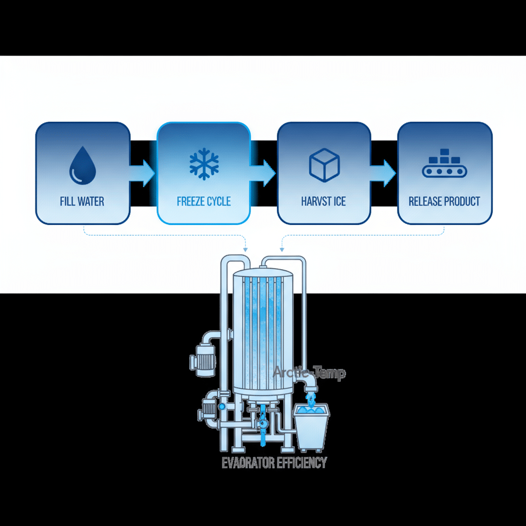Horizontal process flow diagram of the four-stage vertical tube ice production cycle: water fill, freezing, ice harvest, and release in Arctic-Temp machines.