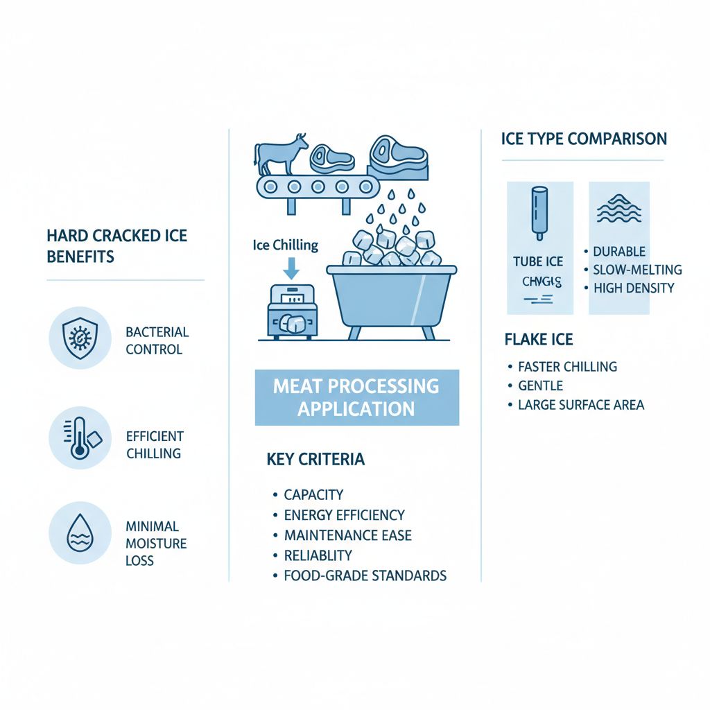 Infographic overview of industrial ice machines benefits, criteria, and types for meat processing