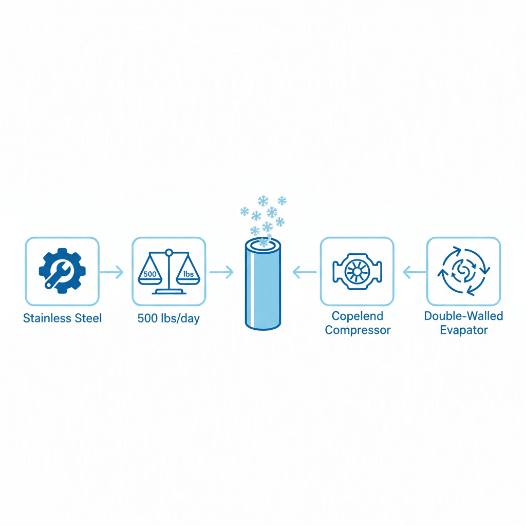 Infographic of Arctic-Temp 500 AR-L ice maker features: stainless steel construction, 500 lbs per day capacity, Copeland compressor, and double-walled evaporator for small bakeries.