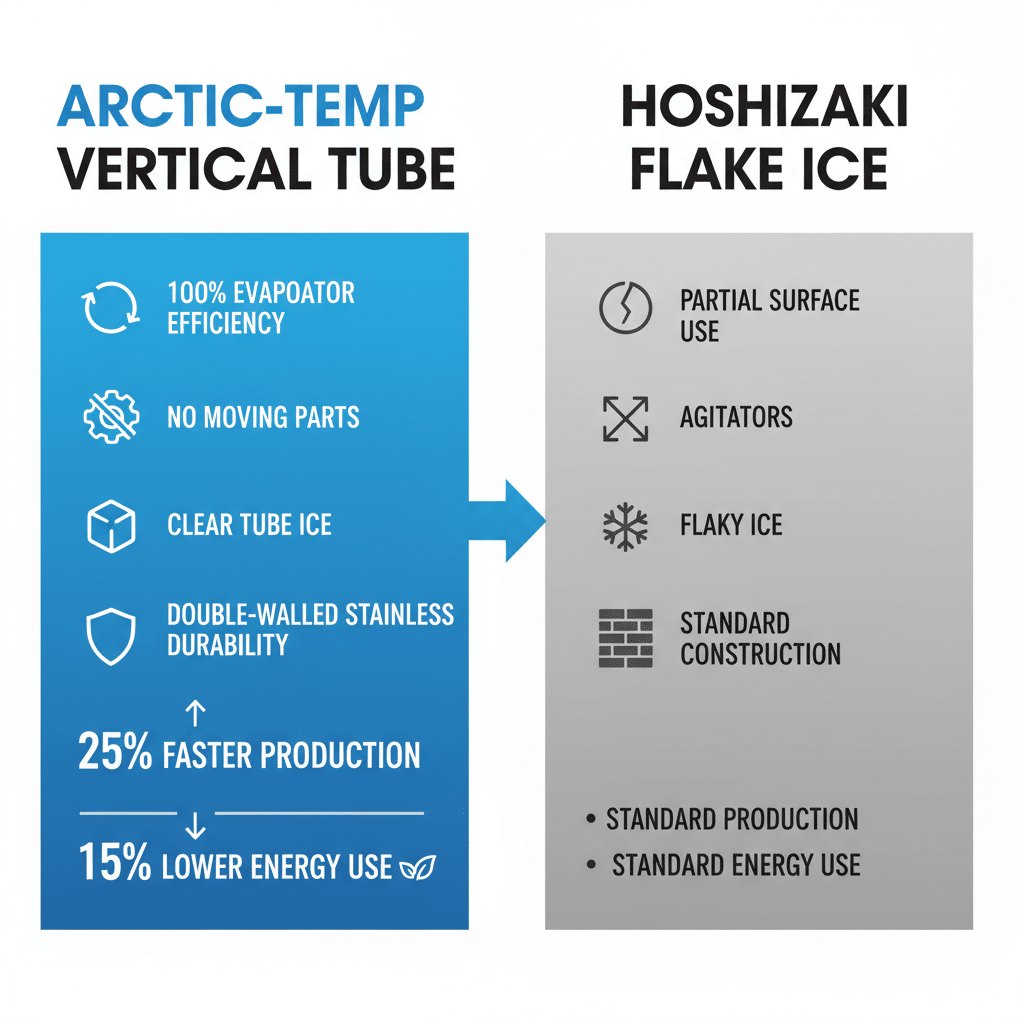 Infographic side-by-side comparison of vertical tube and flake ice machine technologies highlighting efficiency and durability.