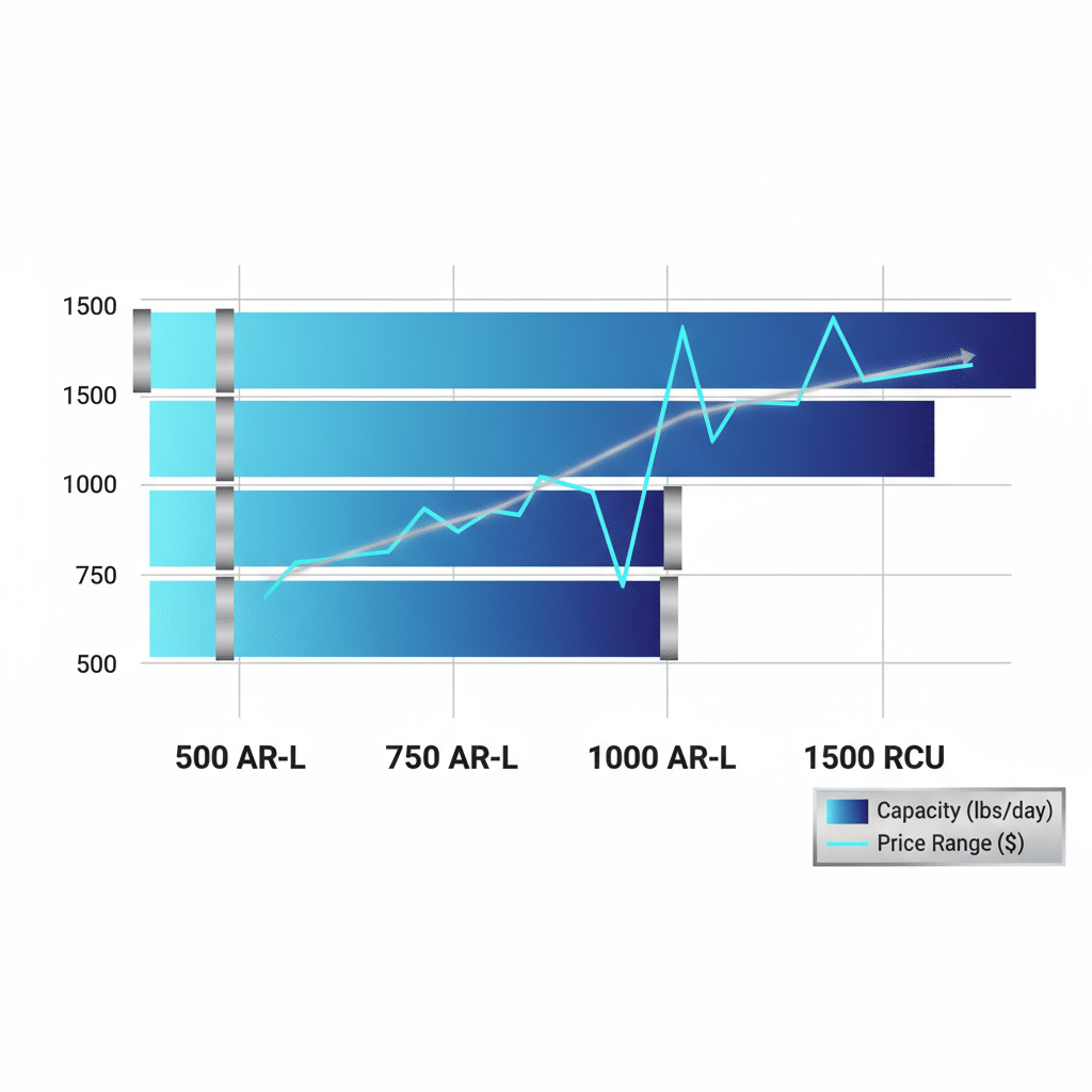 Horizontal bar chart comparing daily ice production capacities of Arctic-Temp models 500 AR-L, 750 AR-L, 1000 AR-L, and 1500 RCU for food processing, with price range overlay