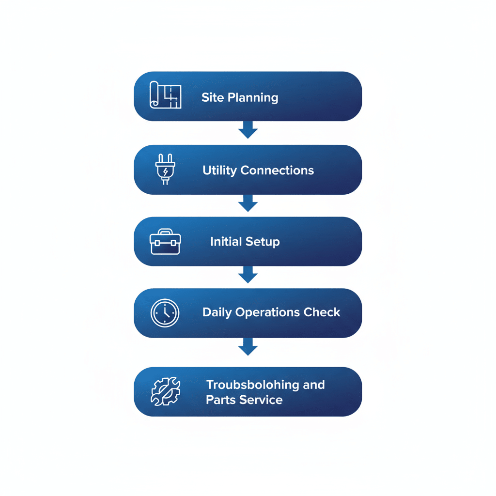 Vertical process flow diagram showing installation and maintenance steps for Arctic-Temp industrial ice machines with icons for each stage