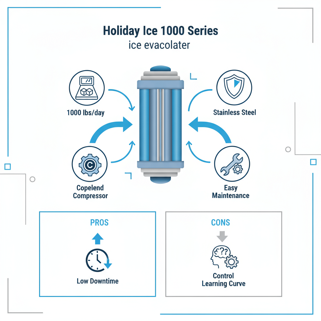 Infographic showing key features and performance icons for Holiday Ice 1000 Series industrial ice machines